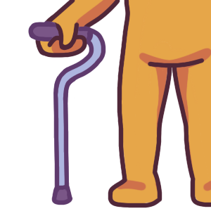 A person standing with their cane, which has an offset ergonomic handle.